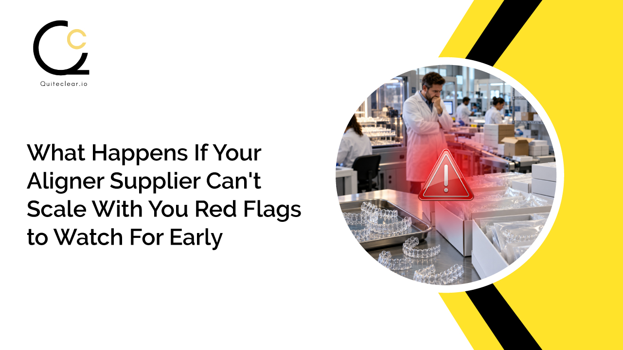 Clear aligner manufacturing facility with aligners on a production line and a warning symbol, highlighting red flags when an aligner supplier cannot scale with business growth.